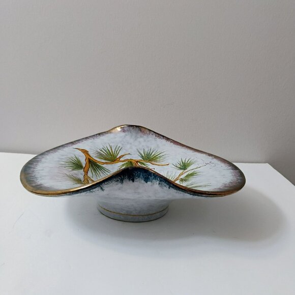 Vintage Mid Century Handpainted Ruffled Bowl Dish Pine Cone Italy Signed CHIP - Picture 8 of 11